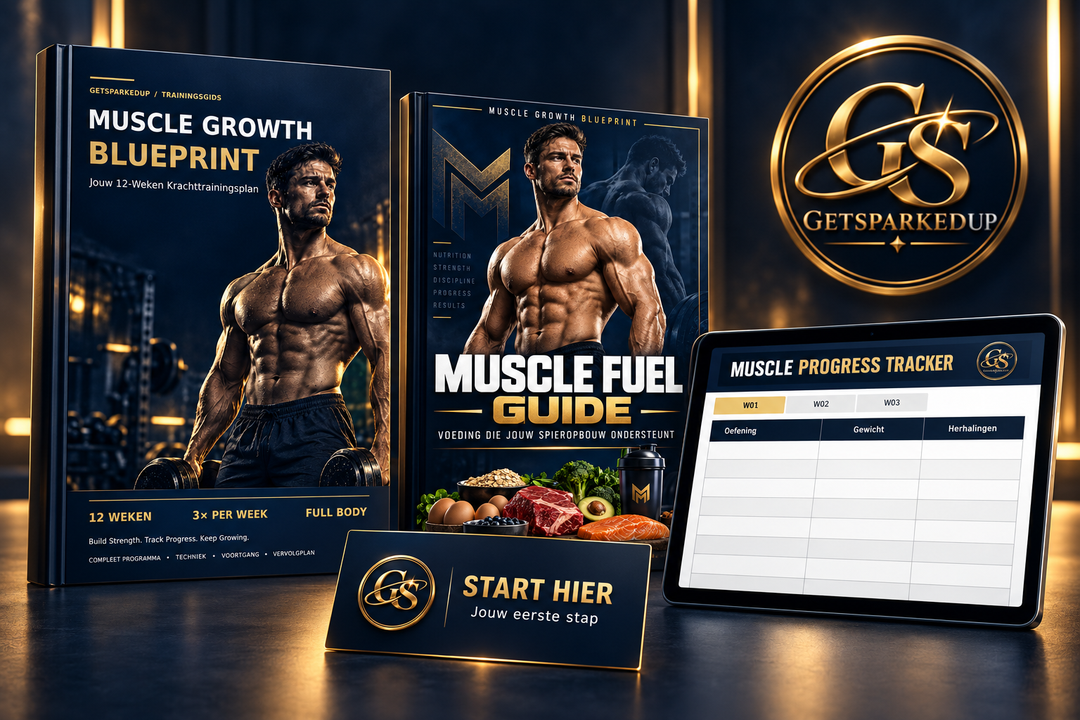 De complete Muscle Growth Blueprint bundel: trainingsgids, voedingsgids, startkaart en progress tracker op tablet